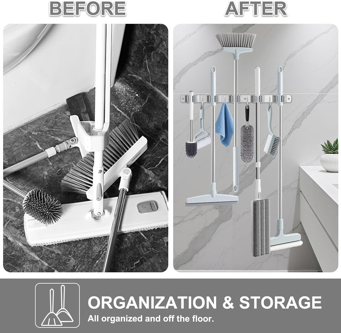 HANZENMA Broom Holder Wall Mount, Broom Organizer Wall Mount Stainless Steel Broom and Mop Hanger Heavy Duty Storage Organization for Home Kitchen Garden Garage Room 5 Racks 4 Hooks
