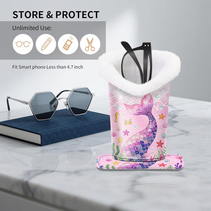 Plush Lined Eyeglasses Holder, Cute Magnetic PU Leather Glasses Stand Case for Women Men Kids