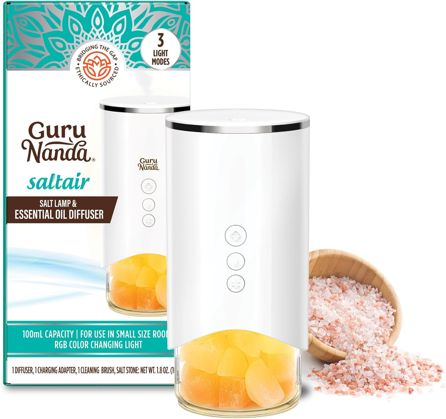 GuruNanda Calm Aura Essential Oil Diffuser, Sleek Modern Corded Electric Aromatherapy Diffuser with Turbo & Mist Modes, Auto Shut-Off Safety, Covers 250 Sq Ft, White, 100 ml