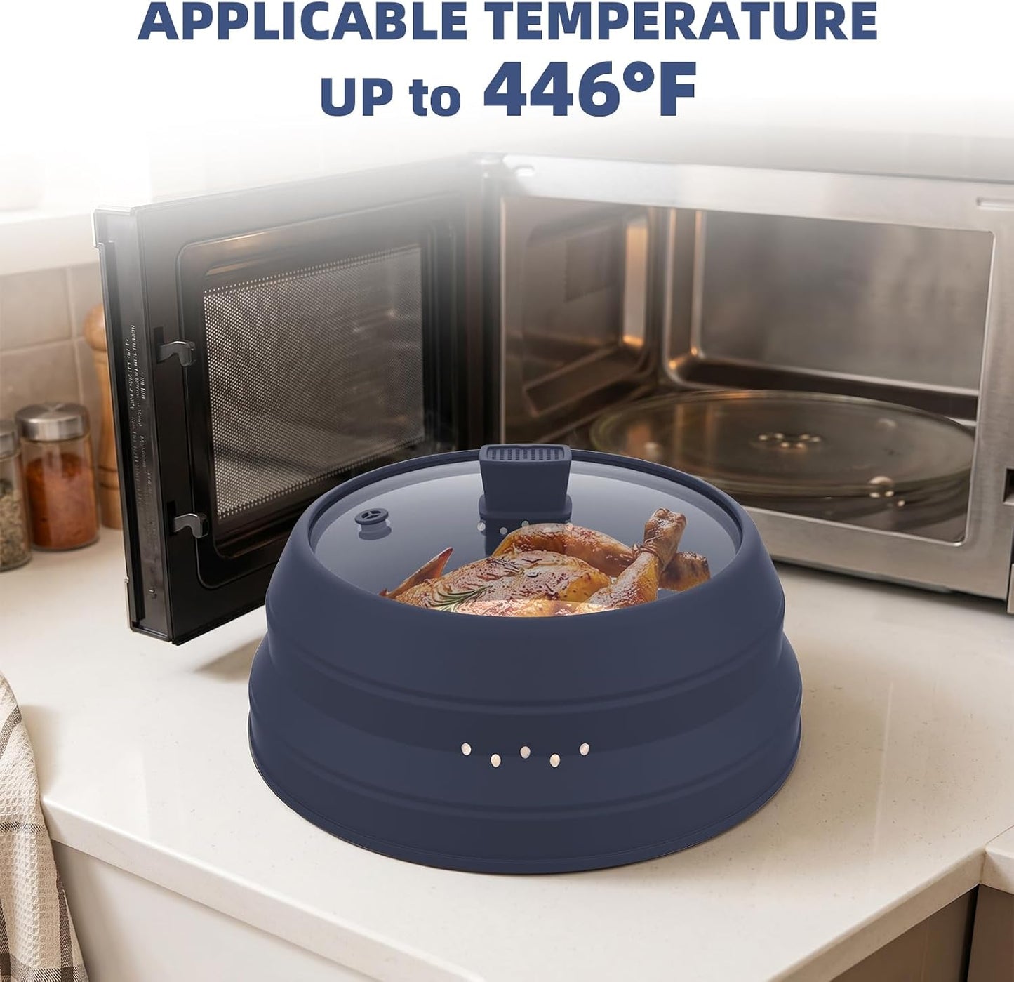 Microwave Splatter Cover Glass Guard Lid with Collapsible Silicone for Food Pot Plate Cover 9.8 inch Dark Blue