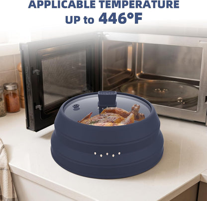 Microwave Splatter Cover Glass Guard Lid with Collapsible Silicone for Food Pot Plate Cover 9.8 inch Dark Blue