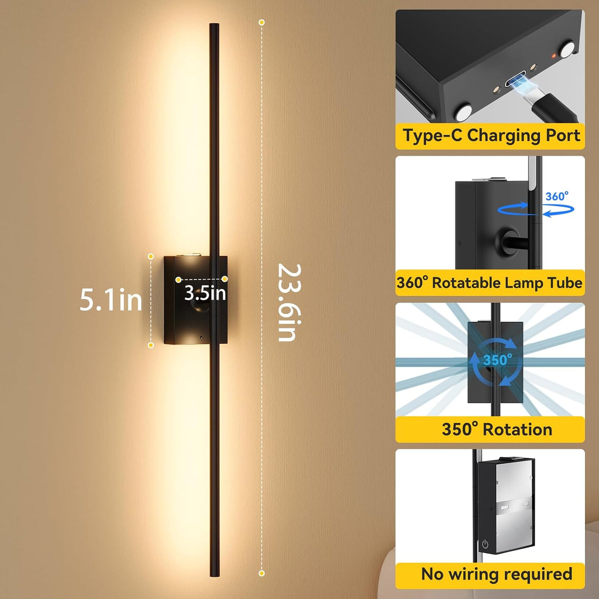 Battery Operated Wall Sconces Set of 2, Remote Control, 10000mAh, Black
