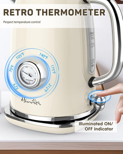 Harriet Electric Kettle, 1.8L Retro Electric Tea Kettle with Thermometer, 1500W Stainless Steel Hot Water Kettle Electric with LED Indicator, Fast Boiling, Cordless, Auto Shut-Off, Yellow