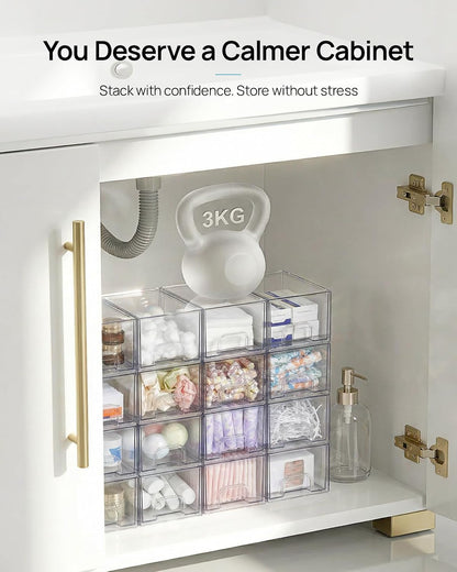 Vtopmart 4 Pack Small Clear Stackable Storage Drawers, Fits Narrow Spaces | Multi-Use Plastic Bins for Bathroom Cabinet Organizer, Makeup, Desk, Vanity, Undersink, Medicine ,Keeps Small Items Organized