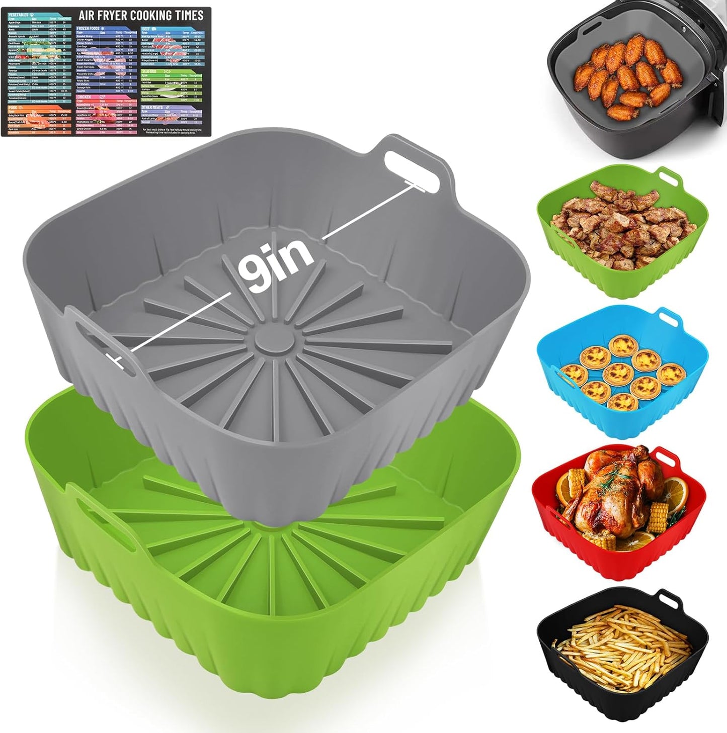 Silicone Air Fryer Liners 10QT, Reusable Airfryer Basket Liners Rectangular for Ninja DZ550/DZ401, 2Pcs 5QT Large Air Fryer Accessories,Replacement Basket Insert with Magnetic Cheat Sheet (2 Pcs Grey)