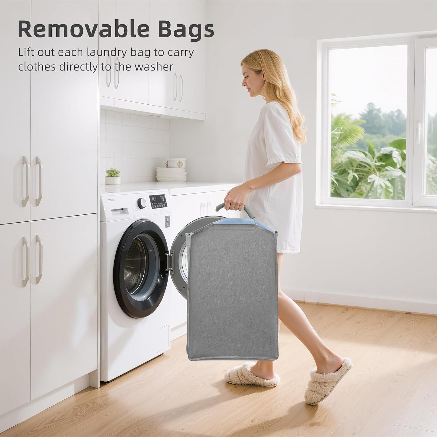 STORAGE MANIAC 2 Tier Vertical Laundry Hamper, 2 Section Laundry Sorter with 2 Removable Tote Bags, Rolling Clothes Basket for Towels, Blankets, Tall Dirty Clothes Hamper for Closet, 2 Bags Gray