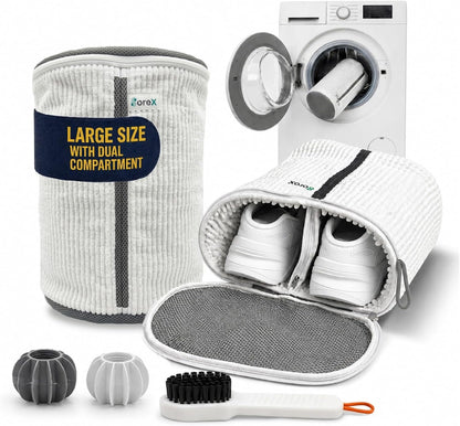 Shoe Washing Machine Bag with Zippered Pocket | Durable Mesh Sneaker Laundry Bag with 2 Laundry Balls & Shoe Washing Brush, Heavy Duty Zipper, No Color Transfer (White)
