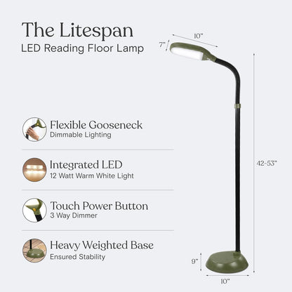 Brightech Litespan - Bright LED Floor Reading Lamp for Over Chair Crafts and Reading, Esthetician Light for Lash Extensions, Gooseneck Adjustable Standing Lamp for Living Room, Bedroom, Office - Black