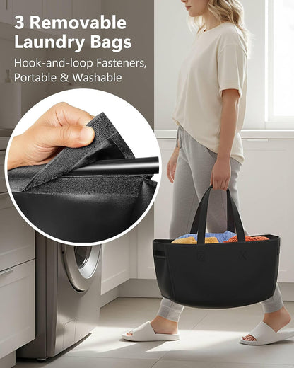 3 Section Laundry Sorter with Removable Bags, 120L Rolling Vertical Laundry Hamper, Stackable Laundry Baskets organizer for Bathroom, Apartment, Dorm (Beige, With Wheel)
