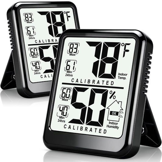 2 Pack Room Thermometer Indoor Hygrometer with Max/Min Record | W/ Battery, 24h Max/Min Record, Accurate Sensor, Fast Refresh, Easy to View, ℉/℃, Durable Kickstand, Compact, for Home Office