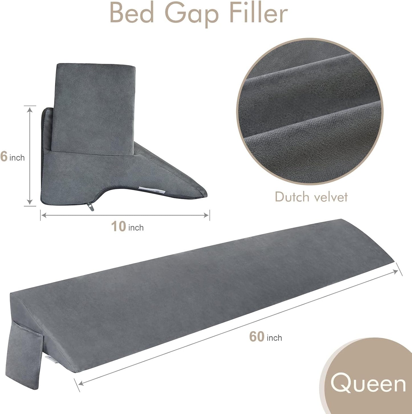 Vekkia King Bed Wedge Pillow for Headboard Gap Filler (0–5.5") | Prevents Pillows & Items from Falling, High-Density Foam Mattress Gap Filler with Pockets, Removable Cover, Gray, 60"x10"x6"