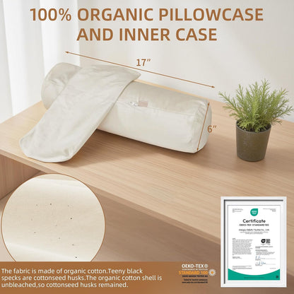 LOFE® Adjustable Buckwheat Neck Pillow - Cervical Roll to Relieve Tension | Buckwheat Pillow to Provide Firm Support for Side/Back Sleepers, Cylinder Bolster Pillows with Organic Pillowcase 17x6in
