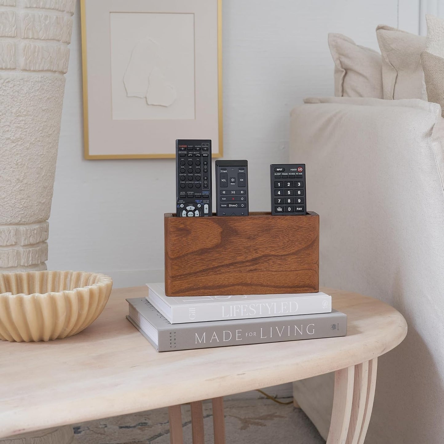Wooden Remote Control Holder - Adhesive Wall Mount Caddy for 3-4 Remotes | Easy Install Natural Wood Organizer Keeps Them Neatly Organized - Perfect for Any Bed or Living Room Wall