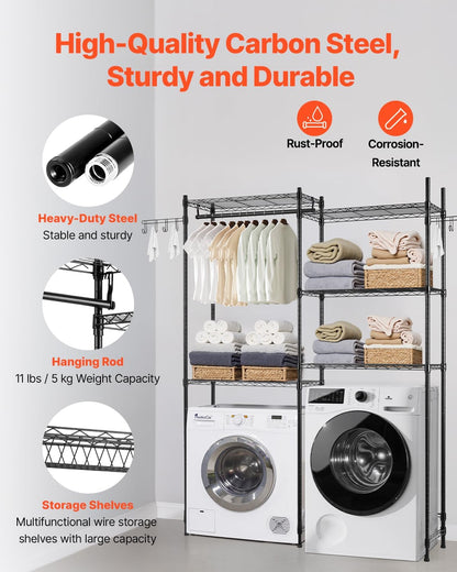 VEVOR Over the Washer and Dryer Storage Shelf, 5 Tier Laundry Room Drying Rack with Hanger Rod and Hooks, Adjustable Over Washer and Dryer Shelves, Laundry Room Shelf Storage Space Saver, White