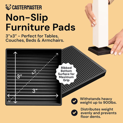 Non-Slip Furniture Pads - 4x4 in Brown, 4 Pack | Square rubber caster cups - anti-skid - Use for heavy sofas, beds & chairs on hardwood floors