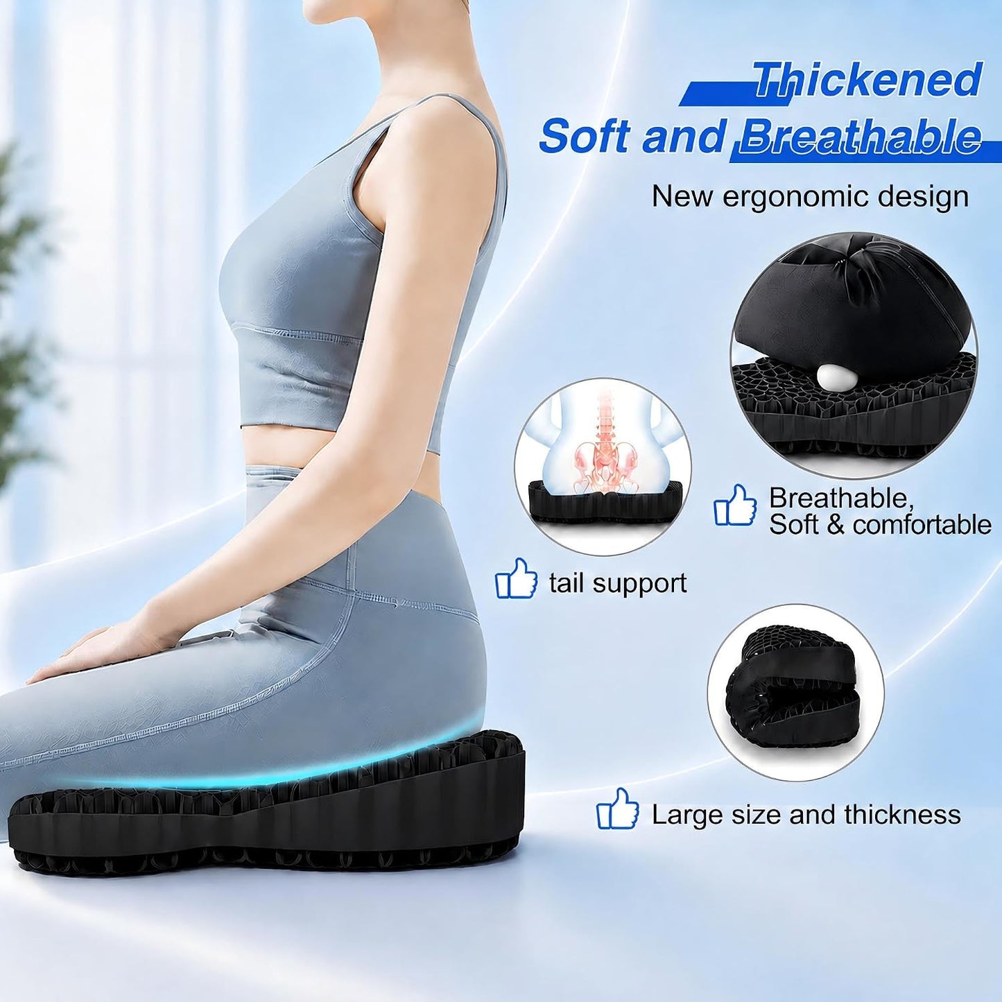Thicken 19.7in Seat Cushion, Gel Seat Cushion for Long Sitting–Office Chair, Wheelchair, Car Pad, Large Cooling Support Pad for Back Pain, Sciatica, Tailbone Pain Relief