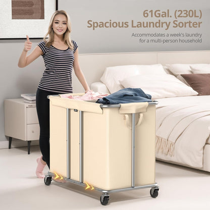 Hodonas Rolling Laundry Hamper 2-Section, Beige, 31.5"Lx15.75W"x30.7"H | 230L(61Gal) Storage Capacity, with Metal Structure, Removable Liner, and Silent Casters, Sturdy Clothes Hamper for Home