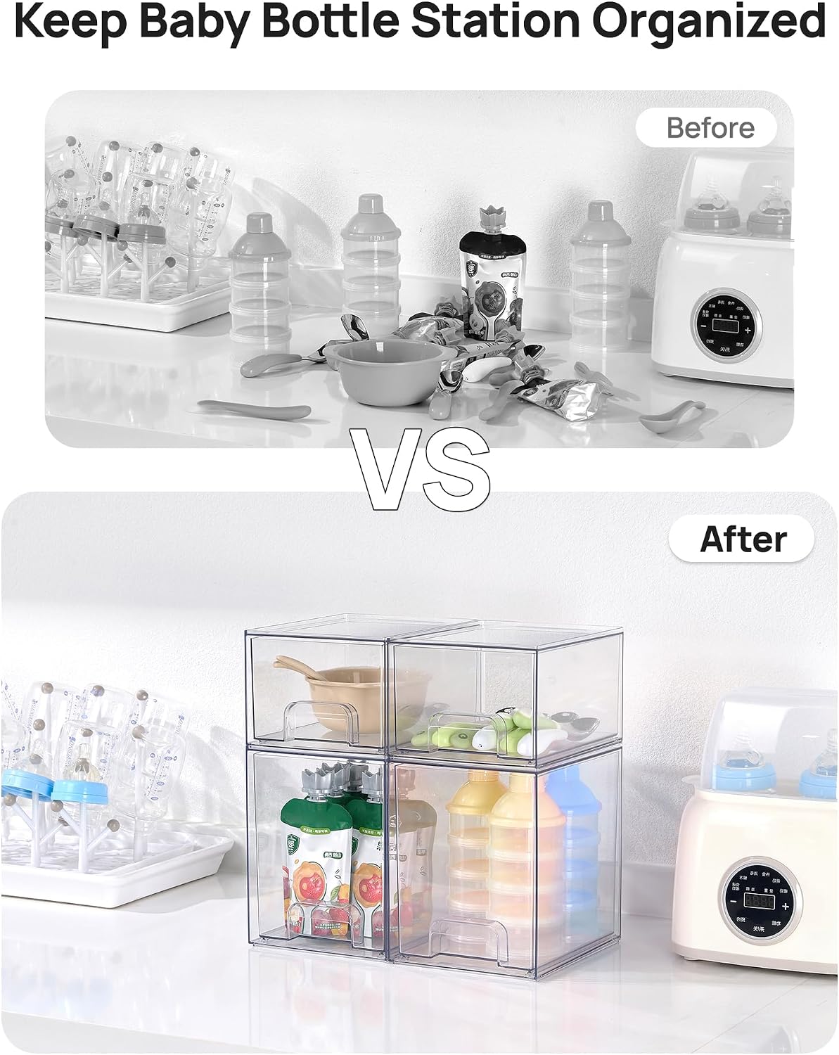 Vtopmart Clear Stackable Storage Drawers Set of 6, Plastic Organizer Bins | Multi-purpose Boxes for Bathroom Accessories Storage, Ideal for Cabinet, Shelf, Pantry, Laundry Room Organization