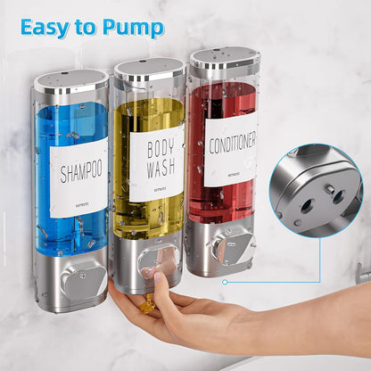 Shampoo and Conditioner Dispenser for Shower Wall Mount 3 Chamber, Black | Shower Soap Dispenser for Wall, 10.2 OZ Plastic Refillable Body Wash Bottles for Bathroom, No Drill Wall Mounted