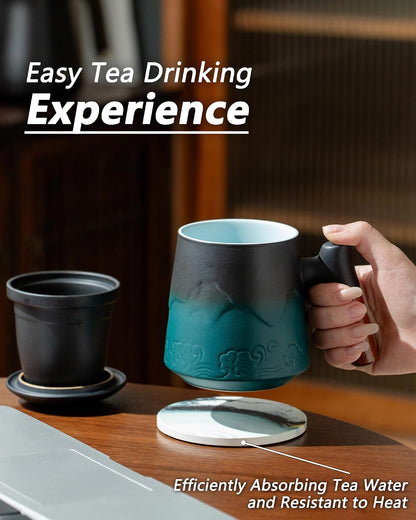 ZENS Tea Cup with Infuser and Lid & Coaster for Tea Steeper, 15oz Blue | Embossed Ceramic Tea Infuser Mug for Loose Leaf Tea Difussers, Tea Lovers Gifts, Nature Wood Handle