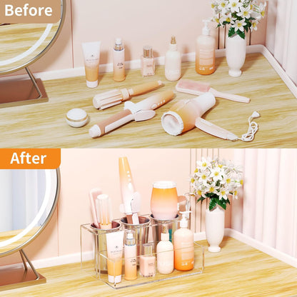 NIUBEE Acrylic Hair Tool Organizer,Hair Blow Dryer Holder with 3 Cups,White | Acrylic Hot Tools Organizer,Hair Organizer Storage Countertop,Blow Dryer Holder for Curling Iron,Brush, Straightener,Bathroom