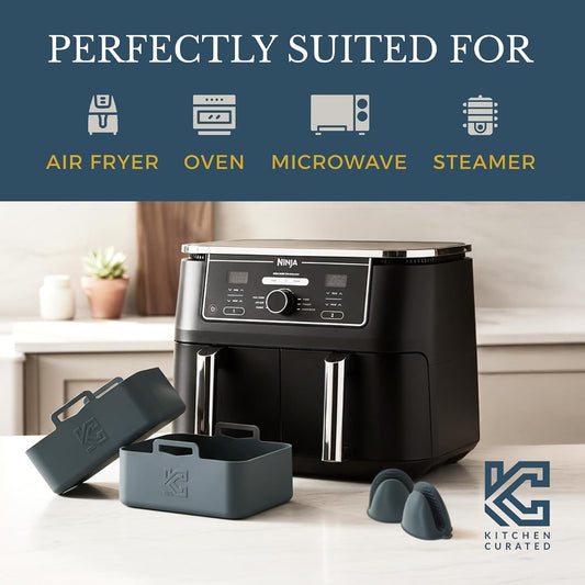 Silicone Air Fryer Liners for Ninja DualZone DZ401 10QT | Fits Ninja DZ201 DZ501 DZ550 & DoubleStack SL400 SL401. 2 Pack 2.63mm platinum silicone, LFGB certified, dishwasher safe