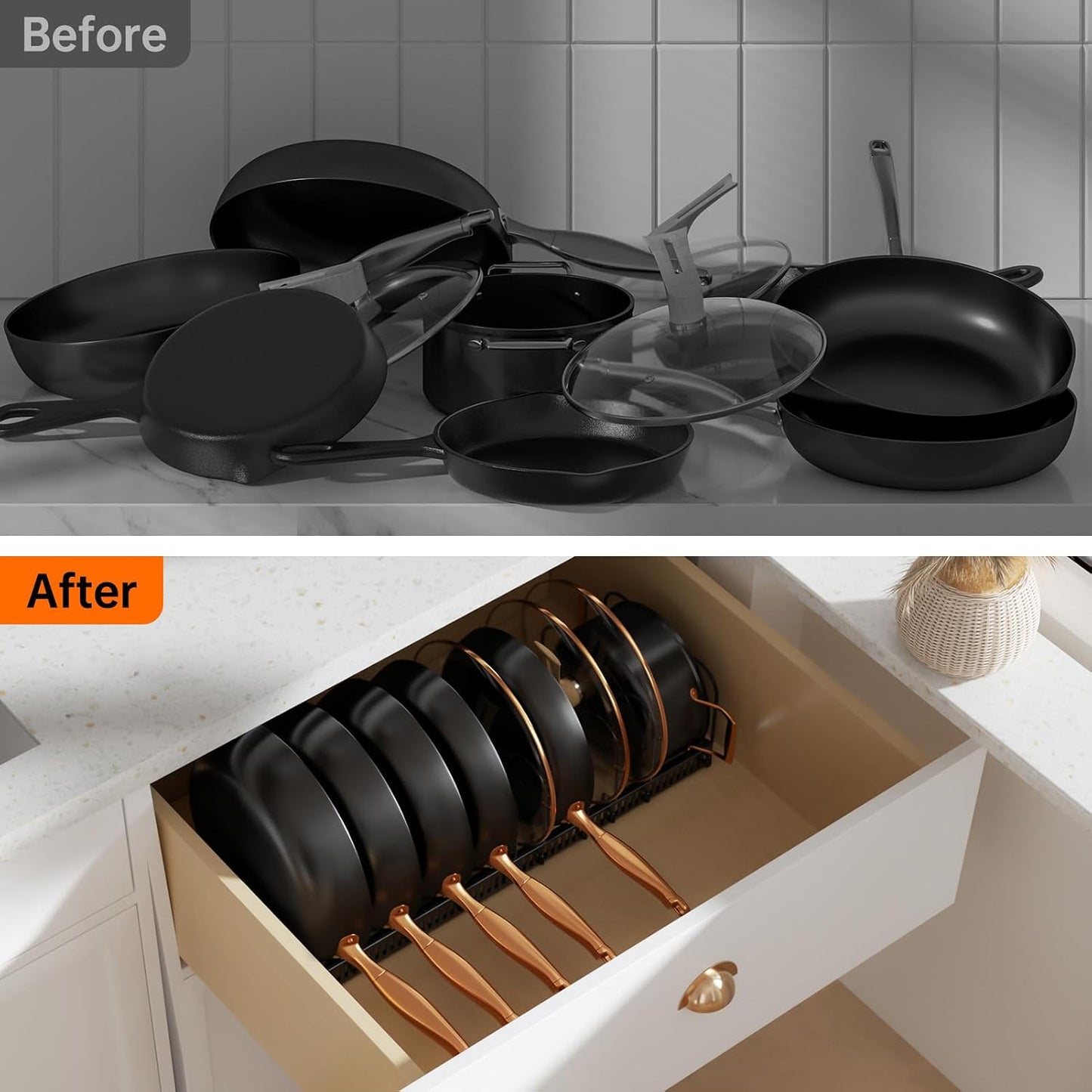 MUDEELA Expandable Pot Pan Lid Organizers inside Cabinet, 10 Divider-Black | Expandable 11.8–22.9", 10 Adjustable Divider, Tool-Free Assembly, Non-Slip, Scratch-Proof, For Pan Lid Cutting Board Bakeware