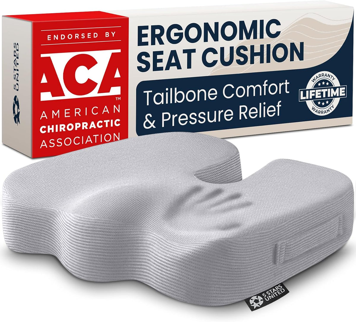 5 STARS UNITED Seat Cushion - Memory Foam Chair Cushion for Tailbone Pain Relief - Ergonomic Support for Coccyx, Sciatica & Butt - Office, Desk & Gaming Chair, Car Seat, Wheelchair, Airplane, Black