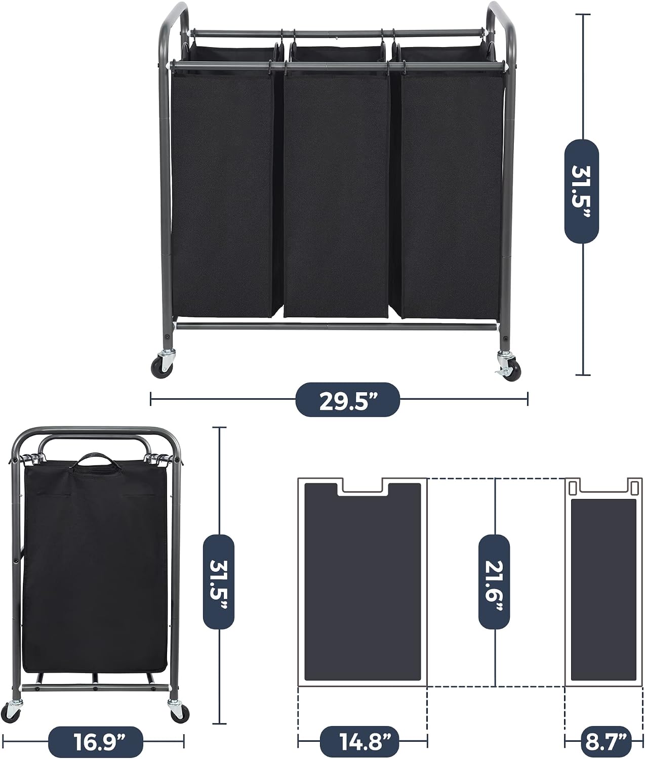 STO STO Laundry Sorter 3 Section, 3 Bag Clothes Hamper, Rolling Laundry Cart Basket with Heavy Duty Lockable Wheels and Removable Bag for Laundry Room, Bedroom, Closet, Black