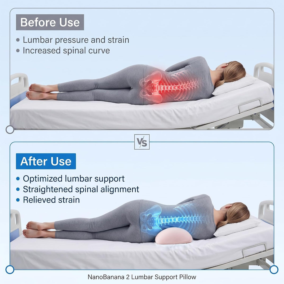 Lumbar Support Pillow for Sleeping,Premium Memory Foam Lower Back Pain Relief Bed Rest Support Pillows for Car Bed,Couch,Waist Support Care Cushion,Sleep Lumbar Pillow (Black Grey)