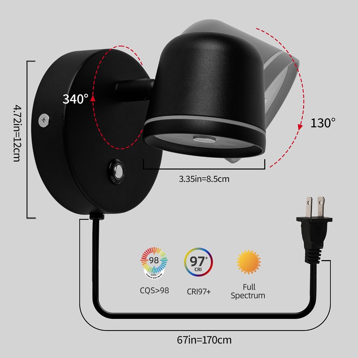 Aisilan LED Plug in Wall Sconce with Touch Dimmable Control Adjustable Wall Mounted Lamp Angle Anti-Glare Matte White Aluminum Bedside Reading Wall Lights for Bedroom Living Room