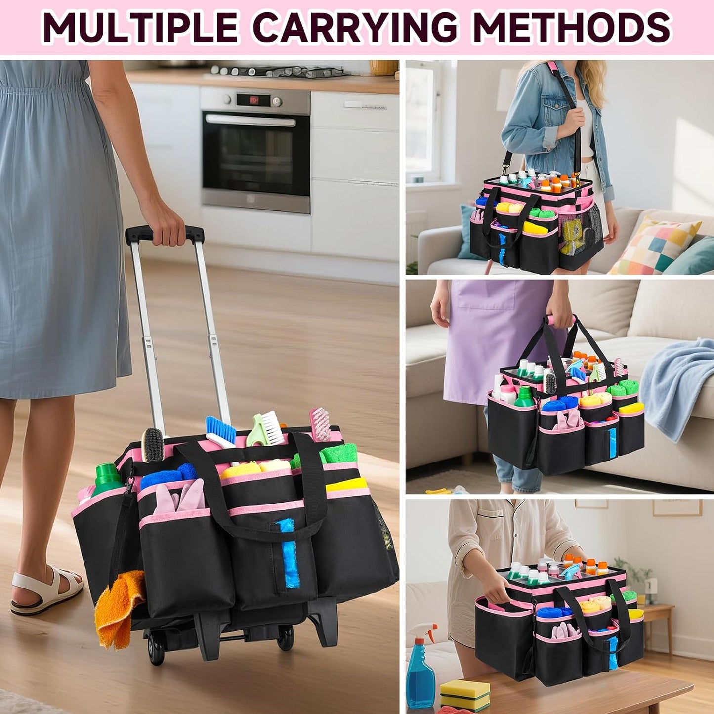 Large Rolling Cleaning Caddy Bag with Detachable Trolley,Cleaning Cart on Wheels with Shoulder Strap,Cleaning Supplies Organizer for Housekeepers,Purple