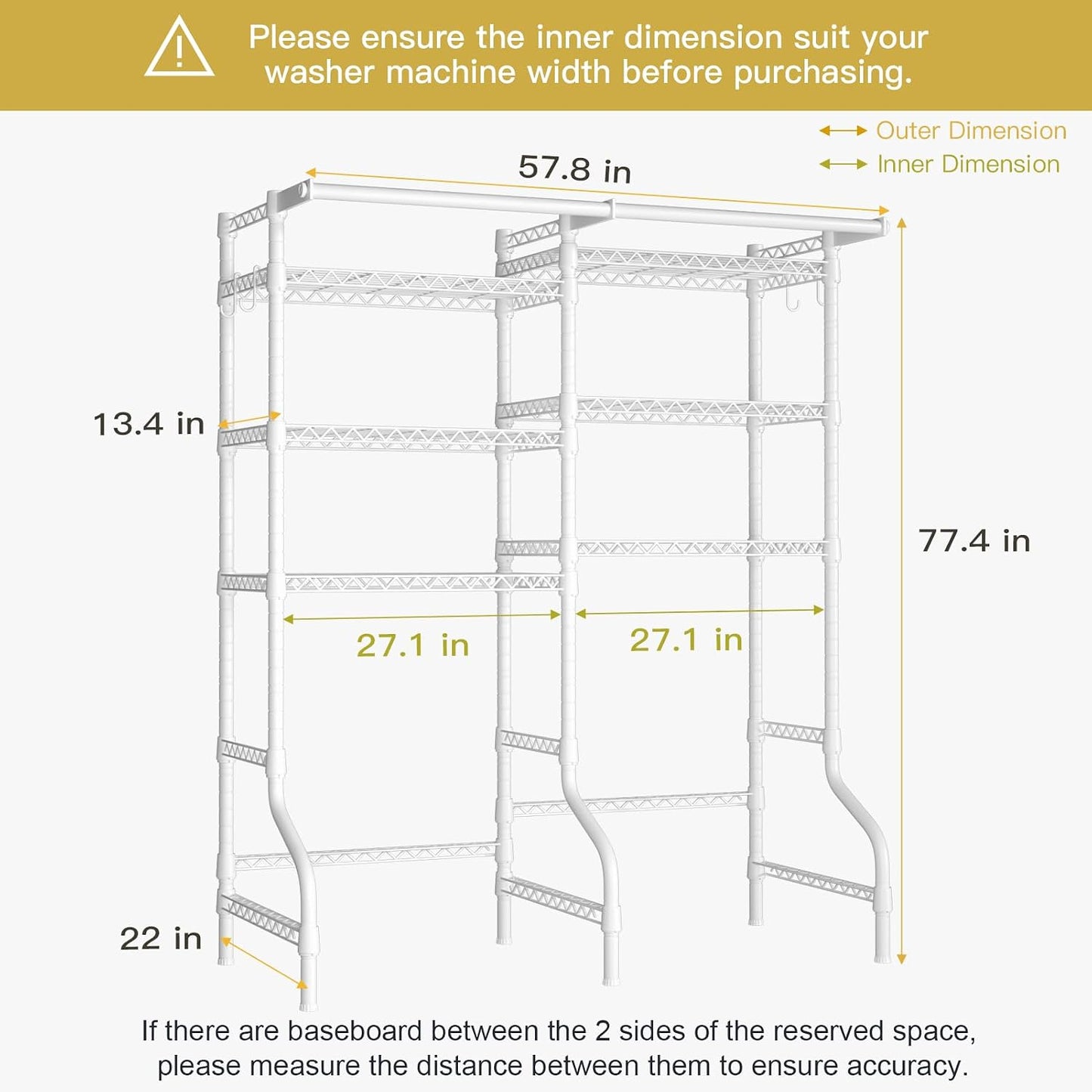 U13 Medium Over Washer and Dryer Storage Shelves, 6 Tiers Laundry Rack | Metal Clothes Drying Rack Space Saver with 2 Hanger Rods and Hooks, Laundry Room Standing Shelf Above Washer Dryer, White