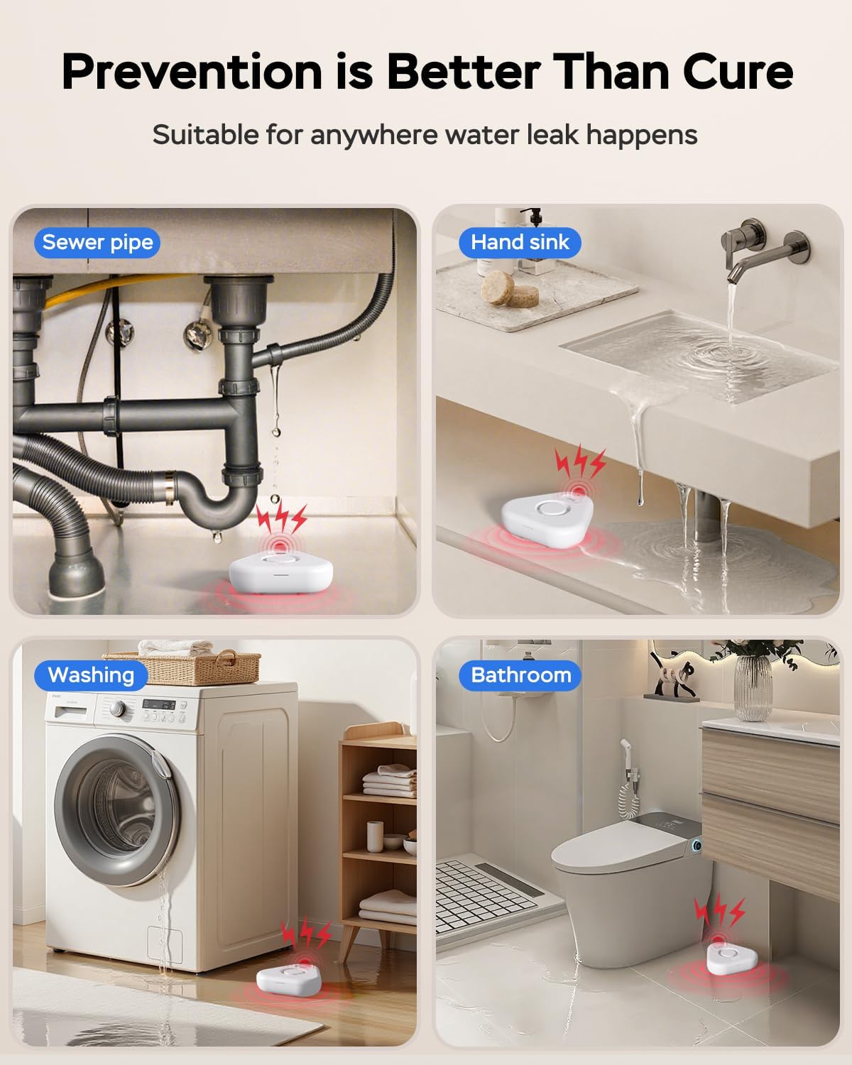Water Alarm Leak Detector,Water Leak Detectors for Home with App Alerts,Water Sensor Alarm Leak Detector with 120db Adjustable,500ft Transmission for Basement,Bathroom,No Hub Required (Support 2.4G)