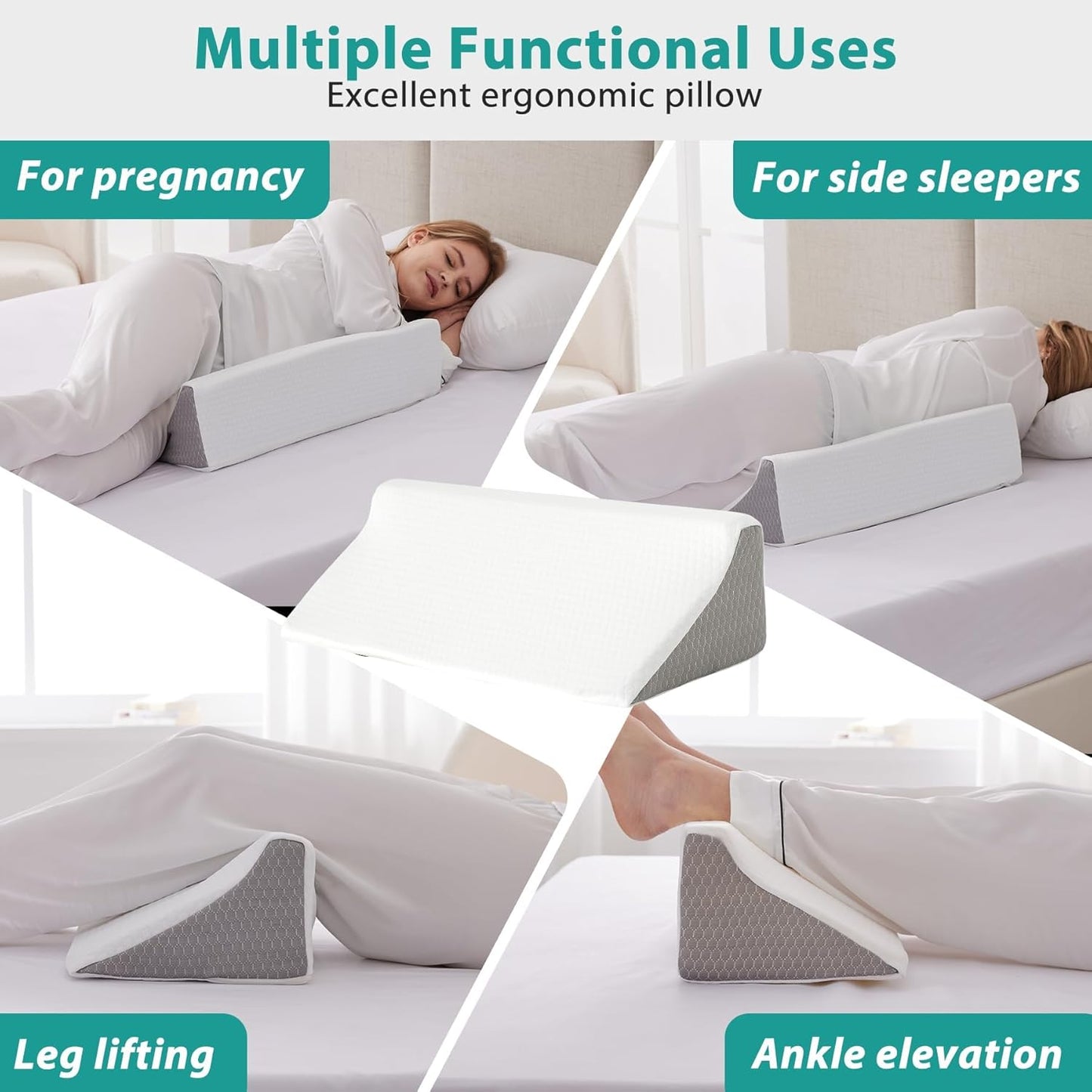 Bedluxe Knee Pillow for Back Sleeping, Leg Pillow Knee Wedge Pillow, Memory Foam Wedge Pillows for Legs Post Surgery, Triangle Pillow for Knee Support, Leg Elevation, Knees Hip Back Pain Relief, White