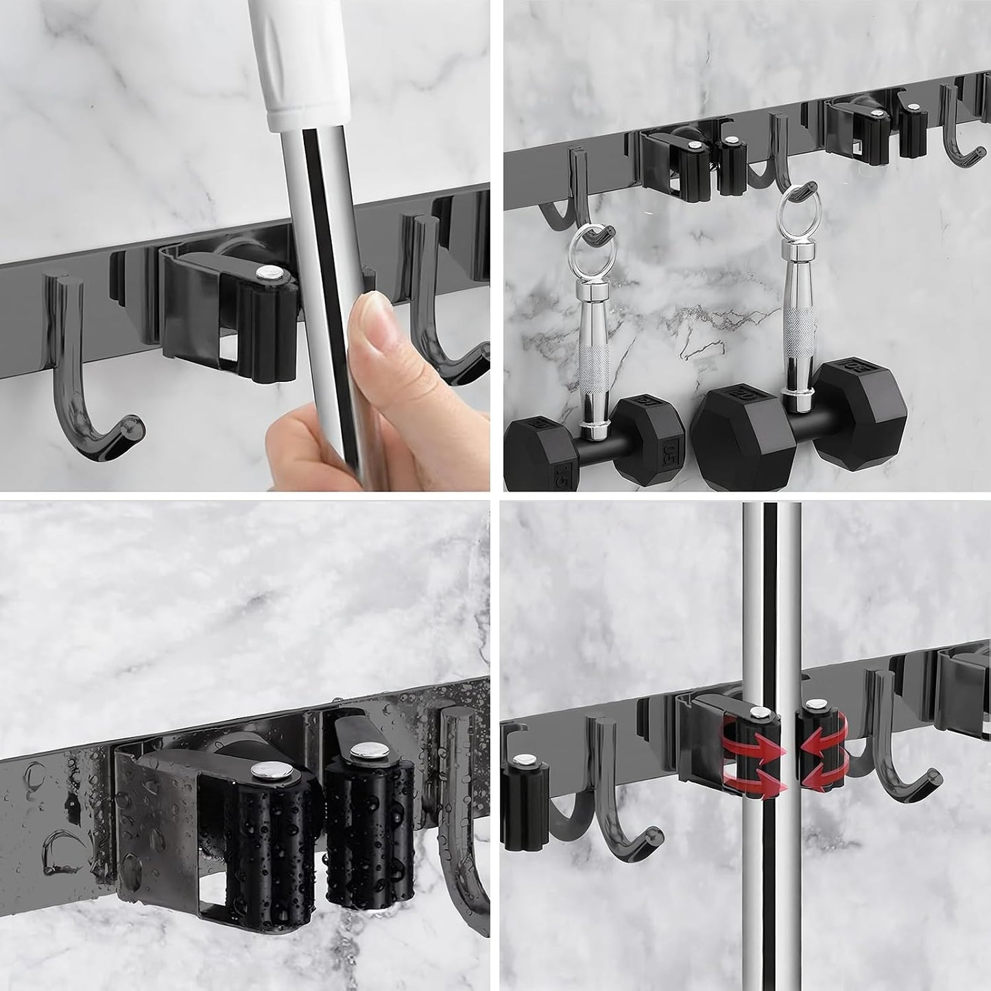 SUS304 5 Racks and 4 Hooks Mop and Broom Holder Wall Mount | Heavy Duty Self Adhesive Solid Non-slip Broom Organizer Storage Tool Racks for Home Kitchen Garden Laundry Garage