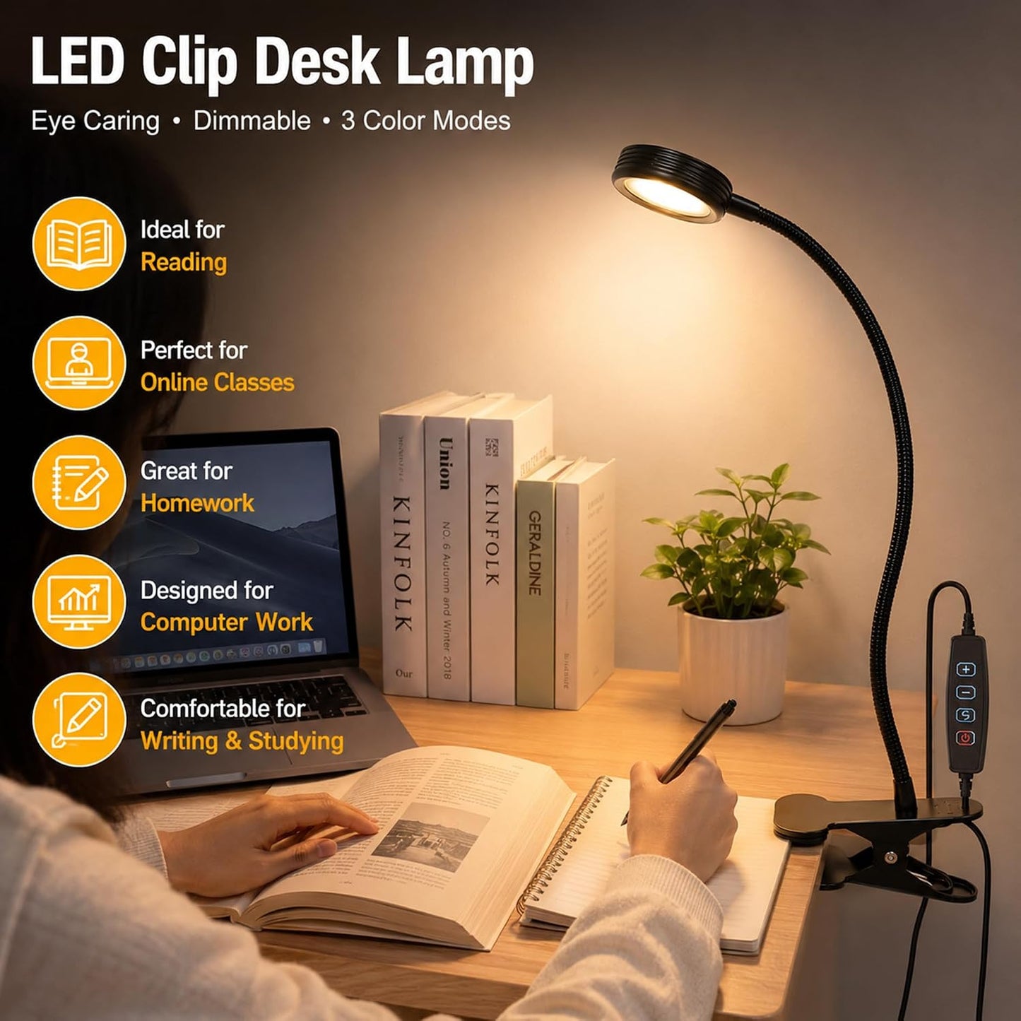 USB Clip-On Lamp, Eye Caring Dimmable Reading Light (Warm+Cool White, 8W) | Dimmable, Inline Switch, 1M Timer, USB 5V Port, 3000K+6000K, 81inch Long Cable, Flexible Gooseneck, Metal Head and Clip