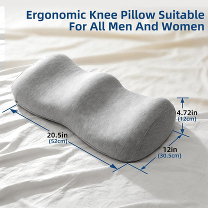 Ergonomic Knee Pillow for Back Sleeping - Memory Foam Bolster Pillow for Sleep Improvement, Knee Support, Leg Elevation, Back Pain Relief, with Softer Non-Irritating Washable Cover, Grey