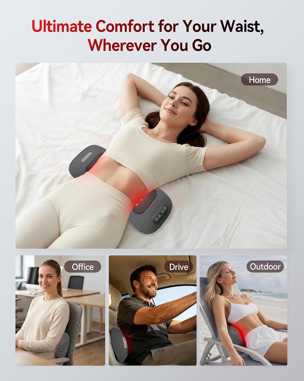 FliKEZE 4-in-1 Lumbar Massager with Red Light 660/850nm Cordless 5000mAh