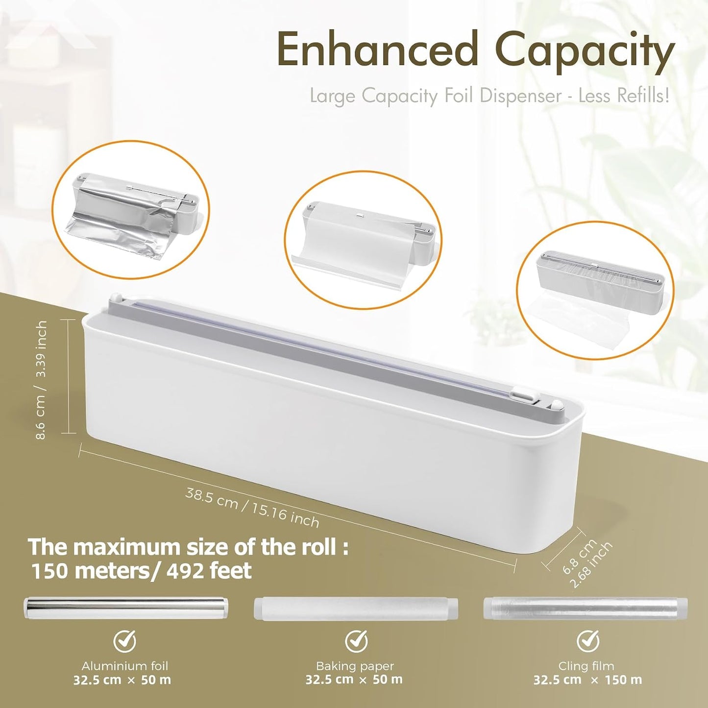 Aluminum Foil & Plastic Wrap Dispenser with Cutter - Magnetic & No-Drill Wall Mount, Cling Film Dispenser for Countertops & Cabinets, Space-Saving Kitchen Organizer - Fits 150 m Rolls, Black