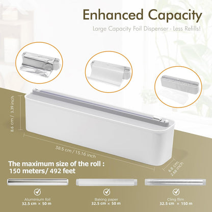 Aluminum Foil & Plastic Wrap Dispenser with Cutter - Magnetic & No-Drill Wall Mount, Cling Film Dispenser for Countertops & Cabinets, Space-Saving Kitchen Organizer - Fits 150 m Rolls, Black