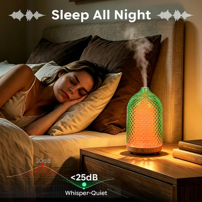 Essential Oil Diffuser 150ml, Glass Diffuser with Ultrasonic Small Humidifier, 7 Color Lights, 1/2/4H Timer, Quiet Auto Shut-Off Oil Diffuser for Bedroom, Home, Office (Silvery)