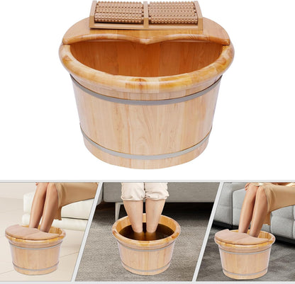 Wooden Foot Bath Basin, Health Foot Massage Barrel Feet Spa Soak Bucket w/Roller