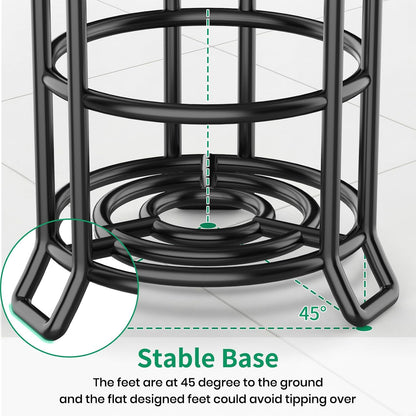 TomCare Toilet Paper Holder Free Standing with Shelf, Stable 4 Raised Feet | Stores 4 Mega Rolls, Tool-Free Assembly, Powder-Coated Metal Frame, Bathroom Storage Organizer for Spare Rolls, Silver