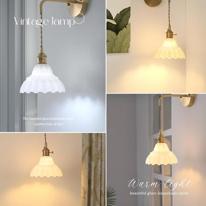 Shenmoyl Battery Operated Wall Sconce Wall Lamp with Green Lily of the Valley Shade Pattern Glass Adjustable Chain Retro Gold Wall Mounted Light, Modern Wall Lamp Fixtures Decor for Bedside Bedroom
