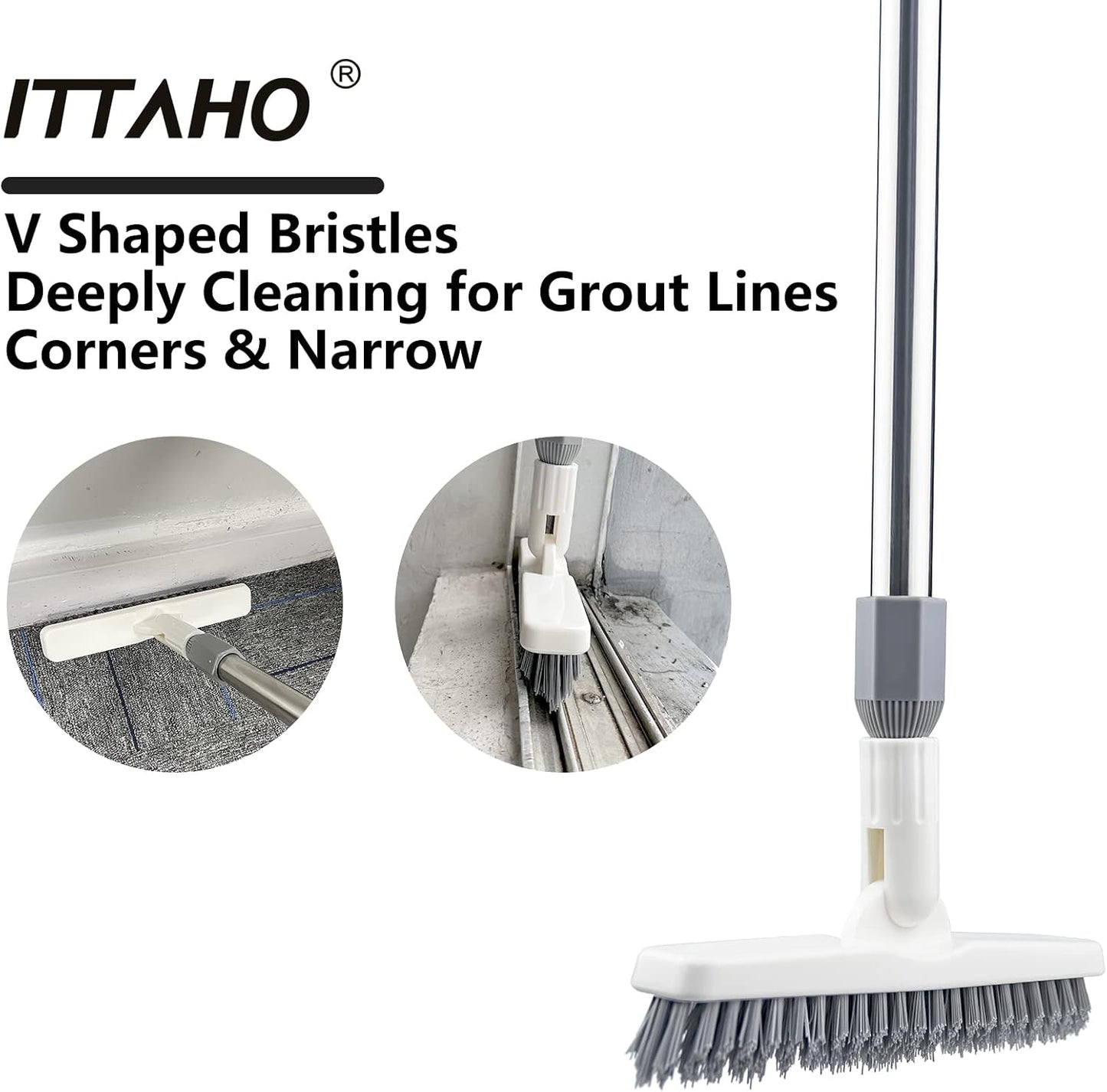 2 Pack Grout Brush with Long Handle, 56.5'' Swivel Grout Cleaning Brush,V-Shape Grout Scrub Brush, Extendable Handle Grout Cleaner Brush for Tile Floors，Bathroom,Baseboard,Shower,Corner