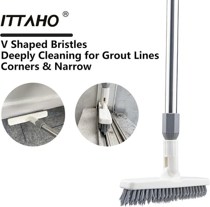 2 Pack Grout Brush with Long Handle, 56.5'' Swivel Grout Cleaning Brush,V-Shape Grout Scrub Brush, Extendable Handle Grout Cleaner Brush for Tile Floors，Bathroom,Baseboard,Shower,Corner