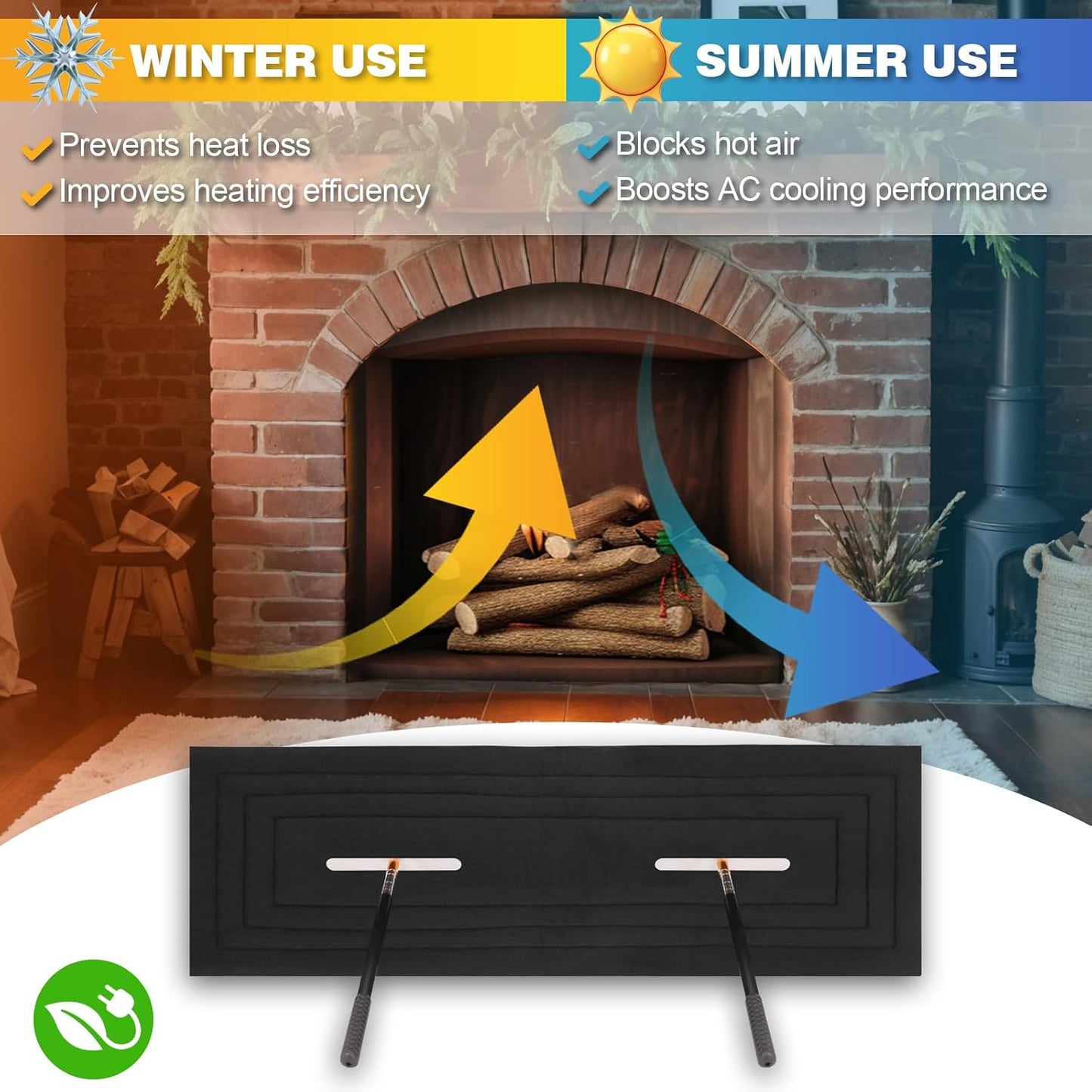 Chimney Flue Plug for 8" x 32" Rectangular Chimney Flue, Fireplace Draft Stopper, Energy-Saving Chimney Damper, Blocks Odors & Debris