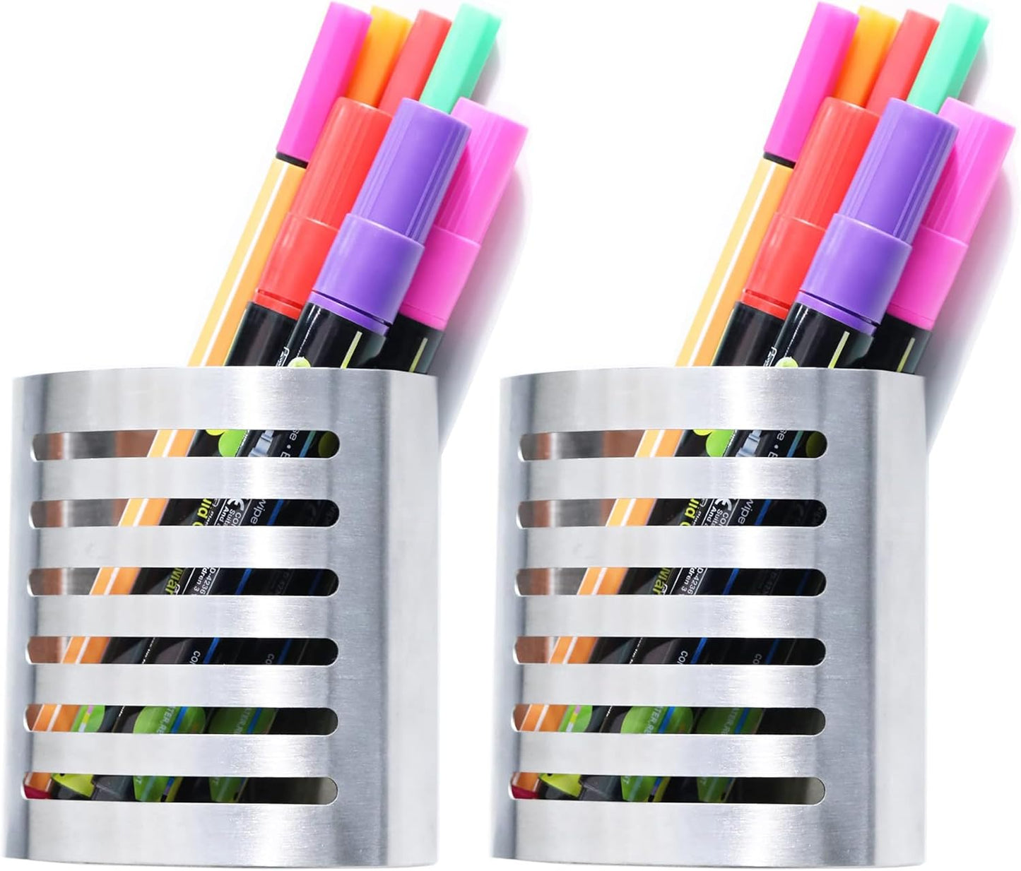 Magnetic Modern Pen and Pencil Holder, 3.25" x 1.75" x 3.50" | Metal Writing Utensil Storage Organizer for Kitchen, Locker, Home, or Office, Brushed Stainless Steel