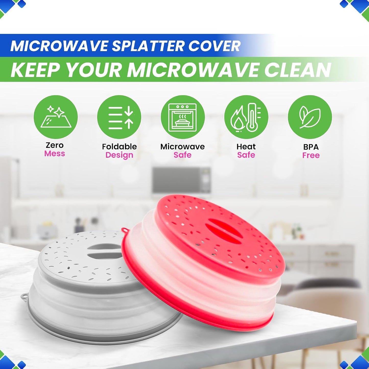 Microwave Splatter Cover 10.5” - Foldable Silicone Microwave Cover for Food | Splatter Covers the Dish and Plate - Durable Silicone Microwave Food Cover Lid With Vents for Microwave Splatter Protection